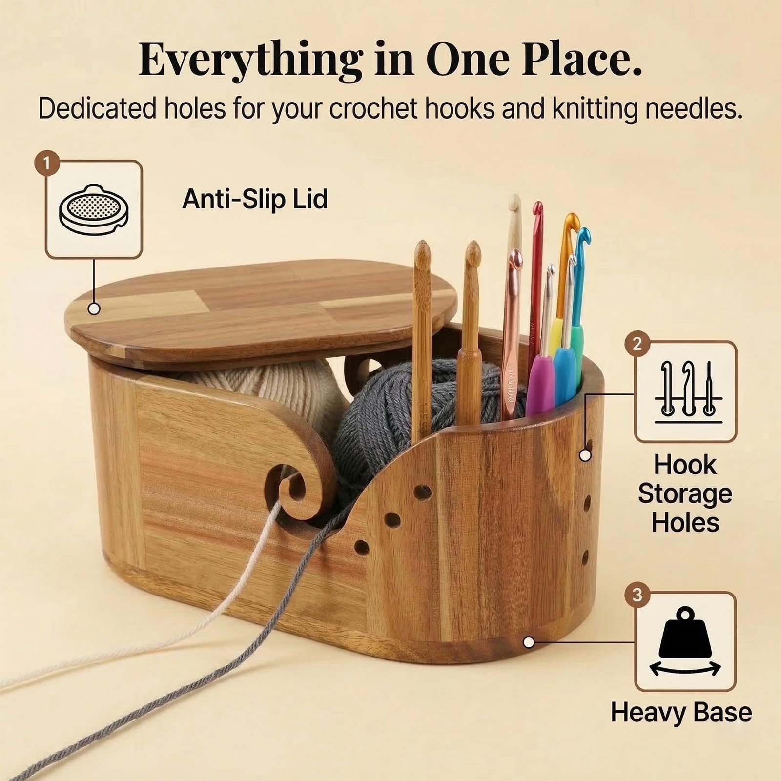 Cuenco de hilo para almacenamiento de ganchillo y tejido, diseño grande de madera con soporte para teléfono y tapa, doble ranura para rizar para un flujo suave antienredos, para artesanos