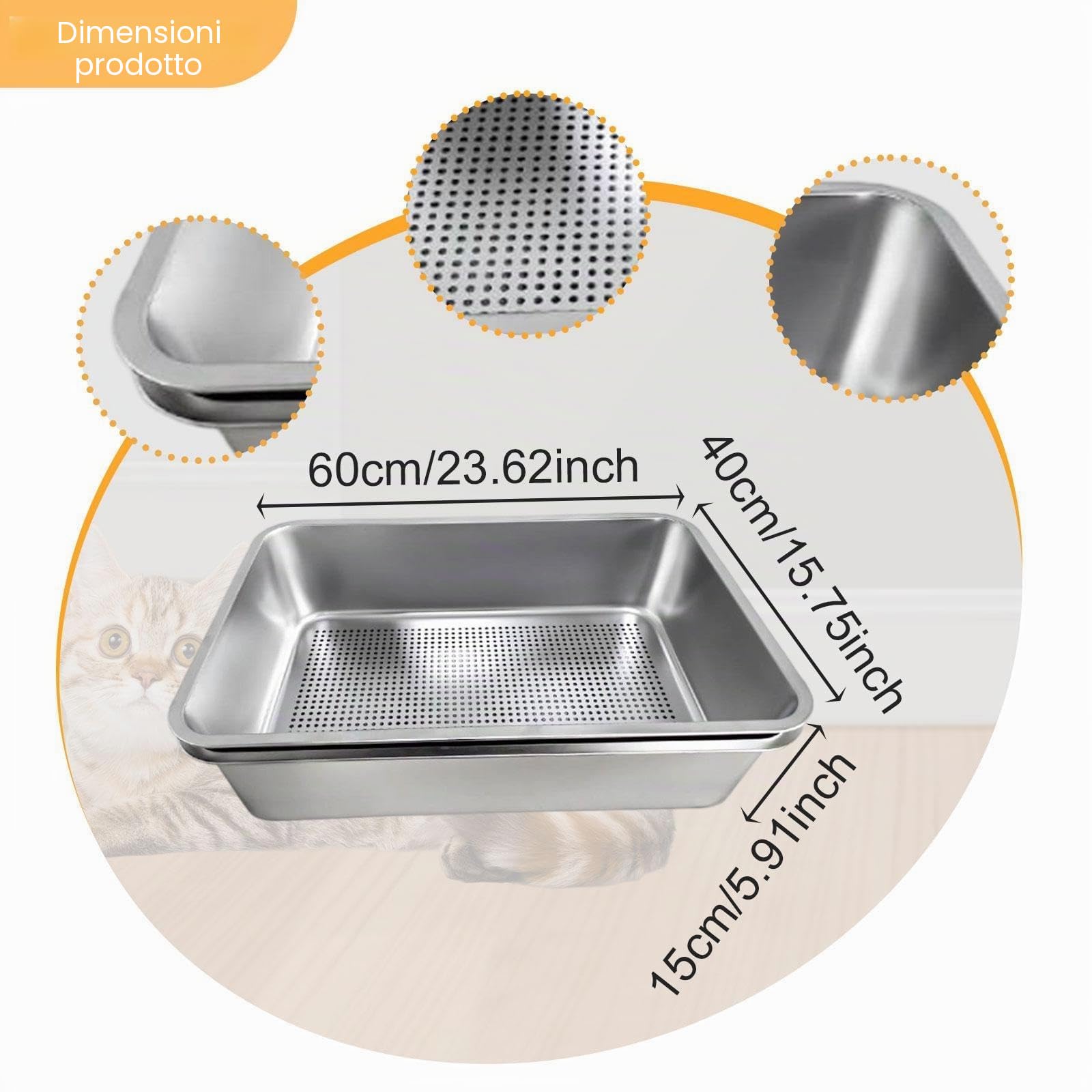 Lettiera per gatti in acciaio inox con setaccio per interni, grande lettiera aperta per gattini, 60 x 40 x 15 cm