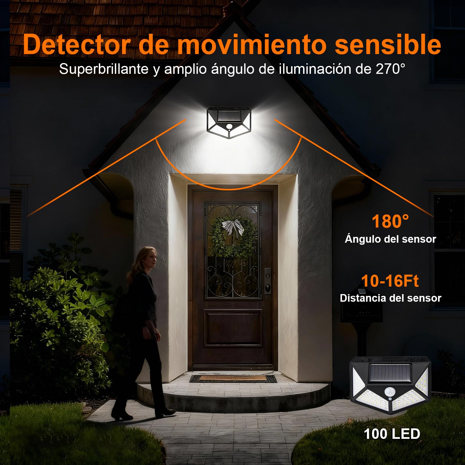 GRIFEMA Luz Solar Exterior para Jardín con Sensor de Movimiento, Focos LED Exterior Solares, Lámpara de Pared Solar Impermeable 100 LEDs, 3 Modos, Ángulo 270°, IP65, Batería 800mAh, GDK203