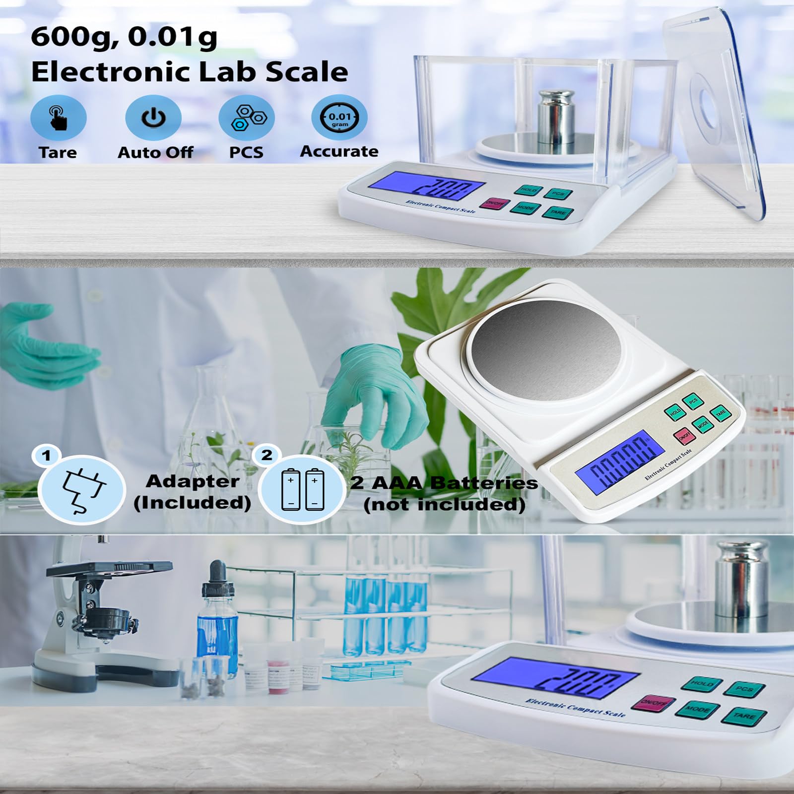 Bilancia da laboratorio digitale Bilancia analitica di precisione da 600 g x 0,01 g per laboratorio di scienze dei gioielli Bilancia elettronica compatta e accurata con capacità di 500 g/0,01 g