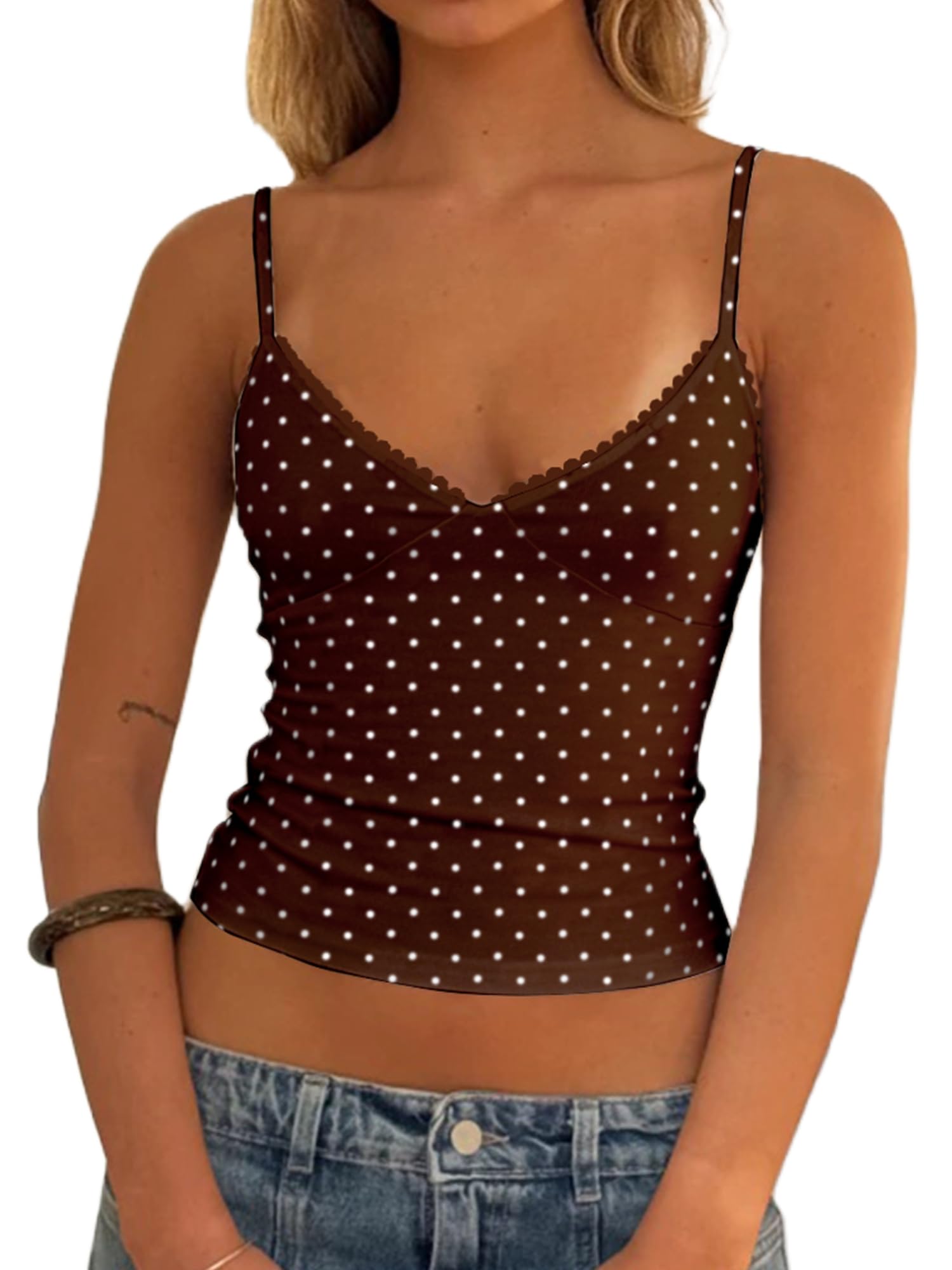 QHQQXN Outfit Canotta da Donna a Pois Y2K Canotta in Pizzo con Scollo a V Canotta con Spalline sulla Schiena Canotta Senza Schienale Canotta per Uscire
