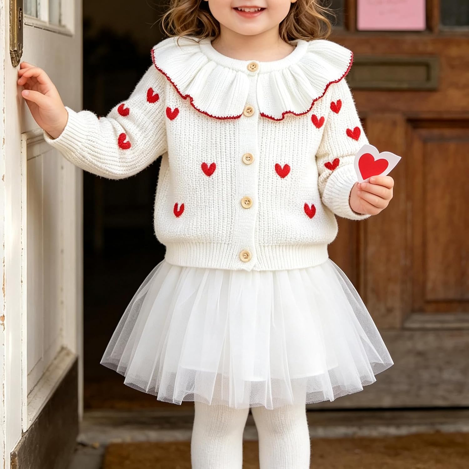 Toddler Girl Valentines Day Outfit Heart Embroidery Knit Cardigan | Cozy Knit Cardigan with Heart Embroidery, Ruffle Collar, and Button-Up Design, Perfect for Valentine's Day and Spring Outings