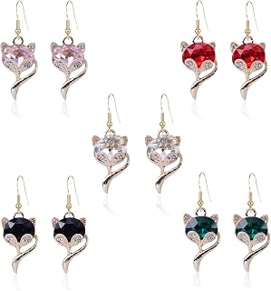 5 Pairs Cute Little Fox Animal Pendant Drop Dangle Earrings for Women Girls Wild Crystal Rhinestone Simple Exquisite Jewelry Earring Set