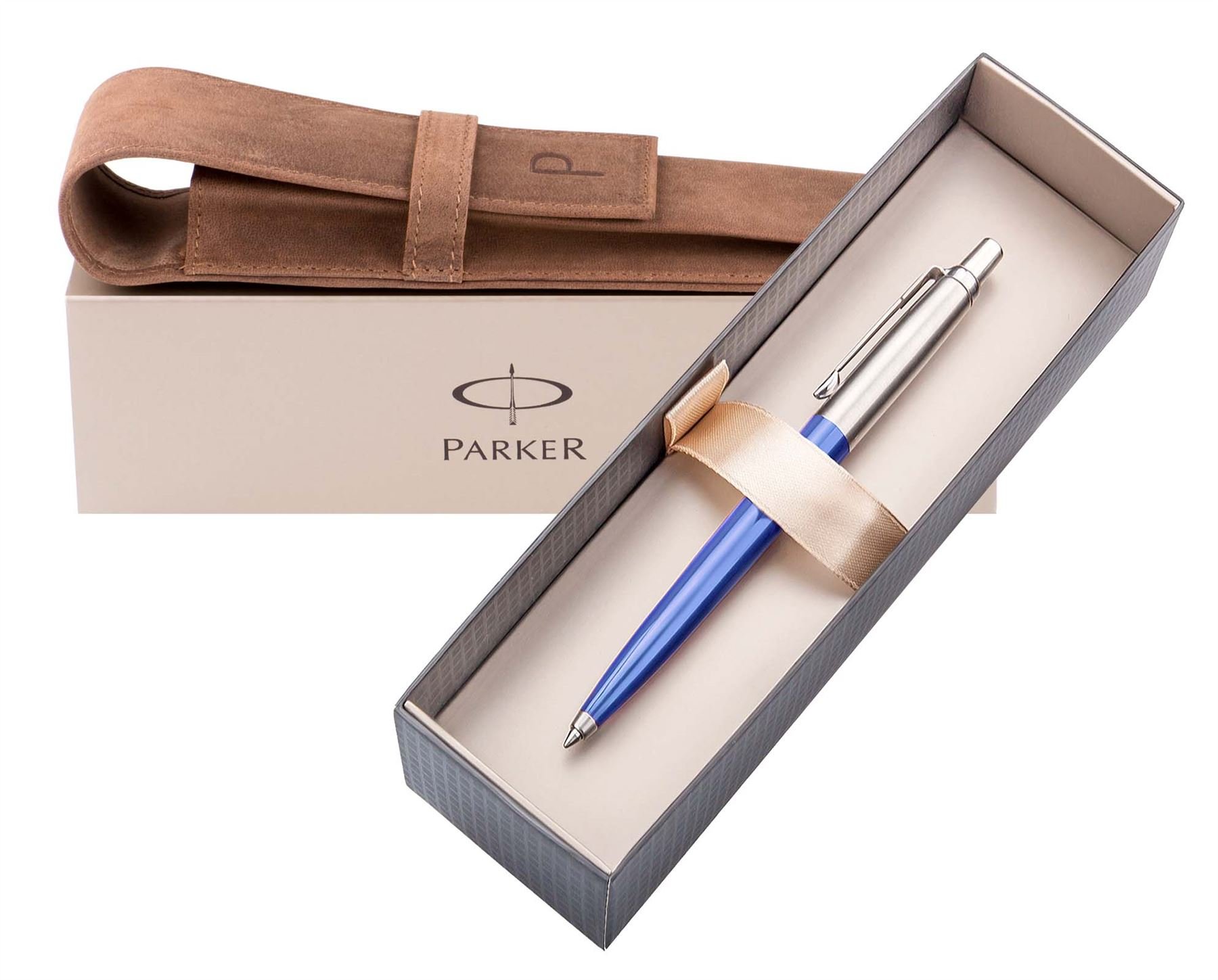 Stylish PARKER with gift box and London Pagani Collection Leather Pouch – Parker JOTTER Ballpoint Pen Stainless Steel Blue + PAGANI Hunting Brown