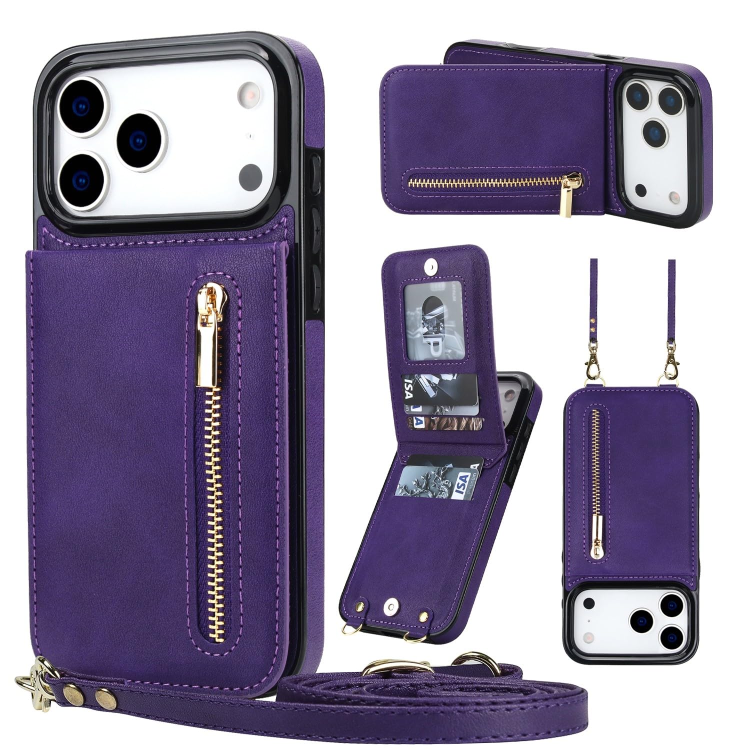 Generic Funda compatible con iPhone 17 Pro Max (color: morado) Funda trasera de piel con tapa y correa para el hombro