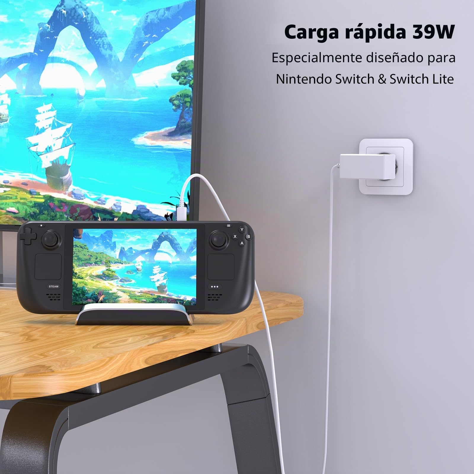 Cargador para Nintendo Switch Console Adaptador de Corriente para Nintendo Switch/Switch OLED/Lite, Modo TV 15 V/2,6 A de Carga rápida con Cable de 1,5 m/5 ft (Blanco)