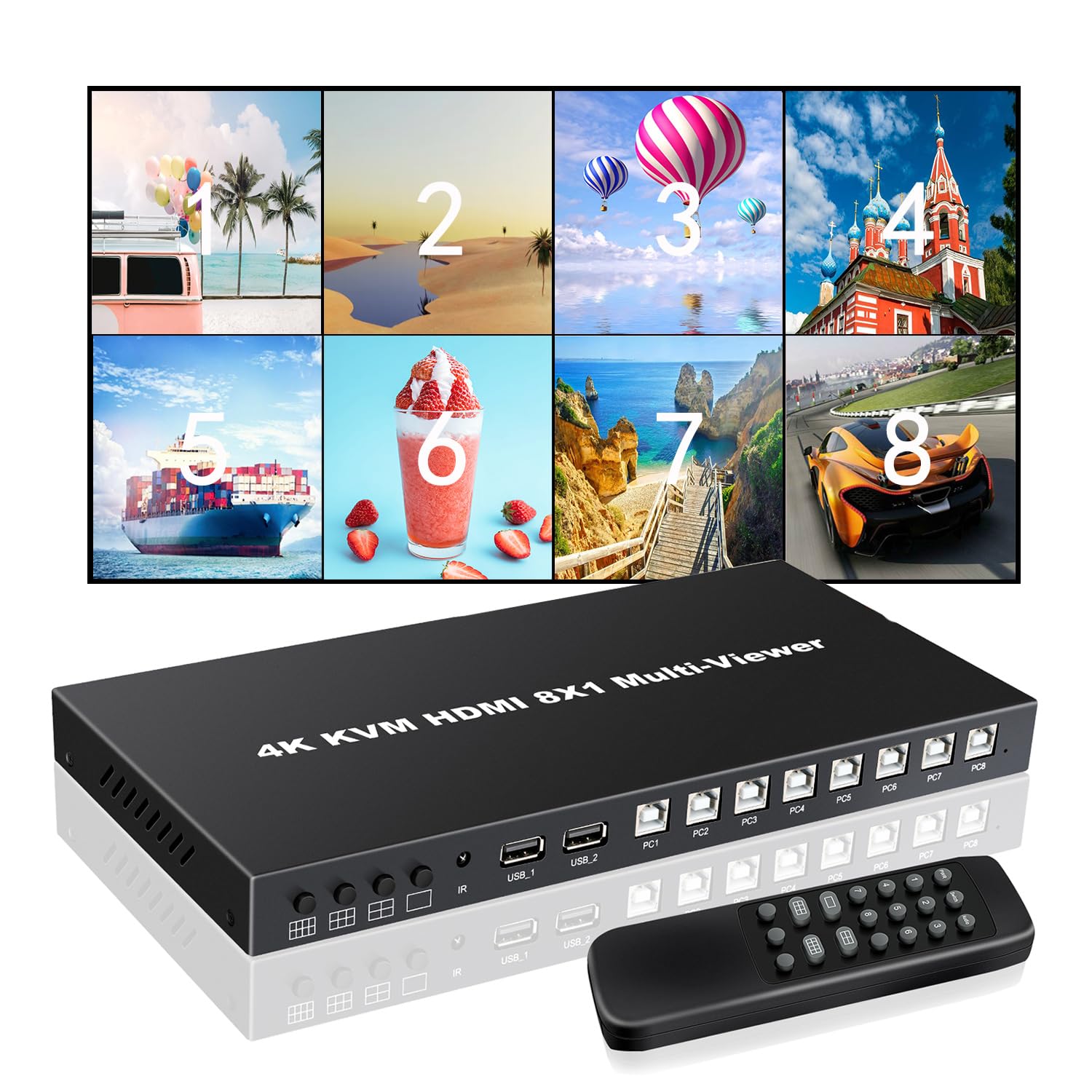 HDMI MultiViewer 8x1 with KVM Function, 4K@30Hz HDMI Quad MultiViewer Share 8 Computers simultaneously, Allowing Them to Share a Set of Keyboard and Mouse simultaneously, with IR Remote Control