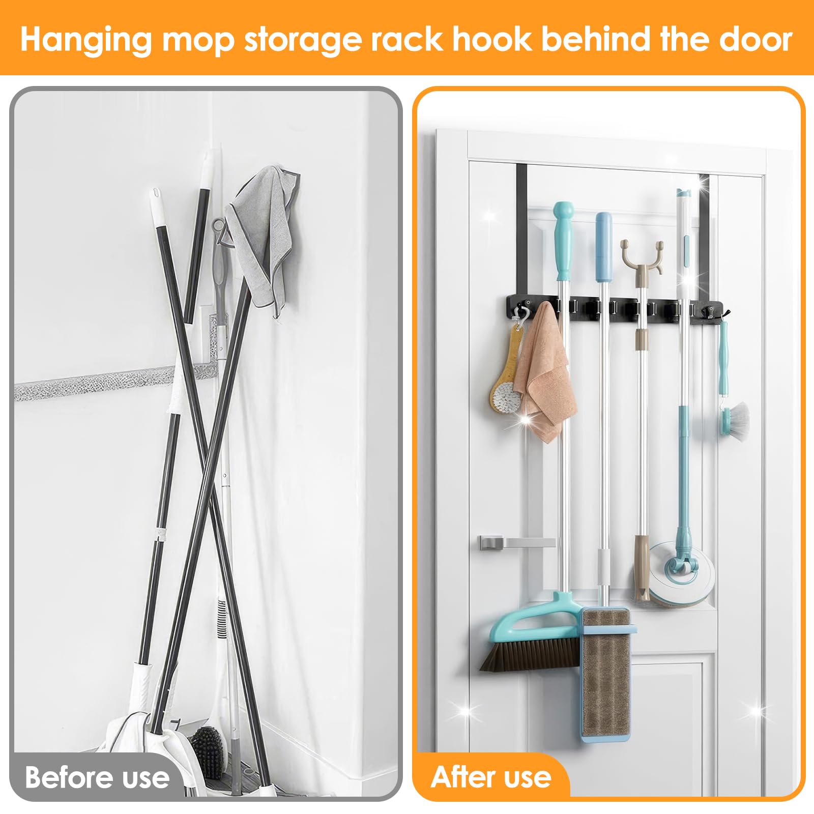 ZONJIE Broom Holder Wall Mounted, Over the Door Brooms Mop Holder, 5 Holders and 4 Hooks - Image 3
