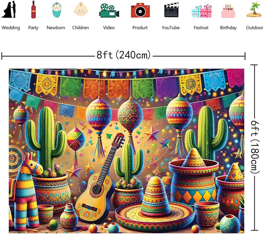 Cinco De Mayo Banner Backdrop 8x6FT Let's Fiesta Photography Background Mexican Fiesta Party Decorations and Supplies for Home Party