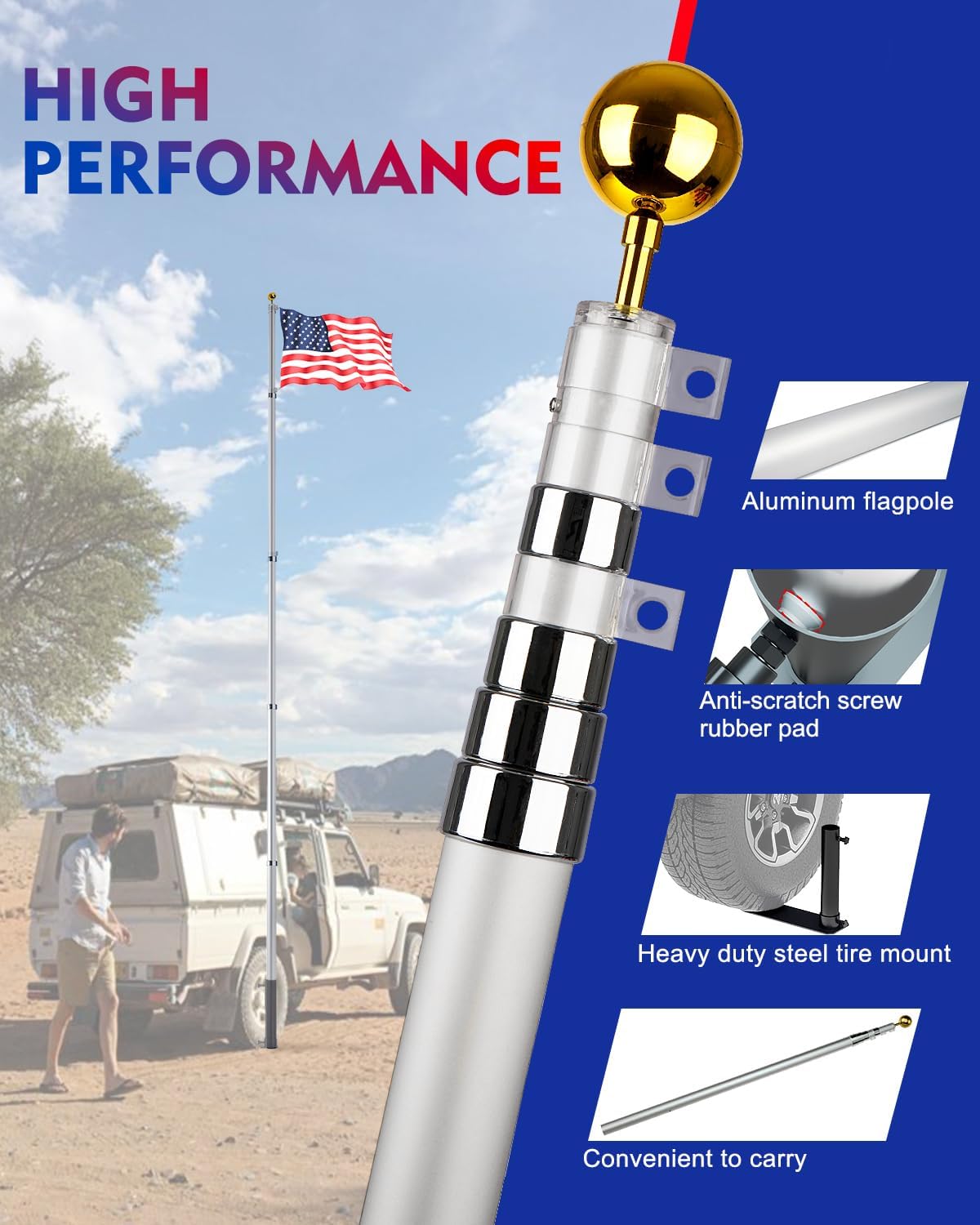 20FT Tailgate Flag Pole Package with Heavy Duty Tire Mount, Portable Tailgaters Flagpole Kit with Dual Mounting Options, Black - Image 5