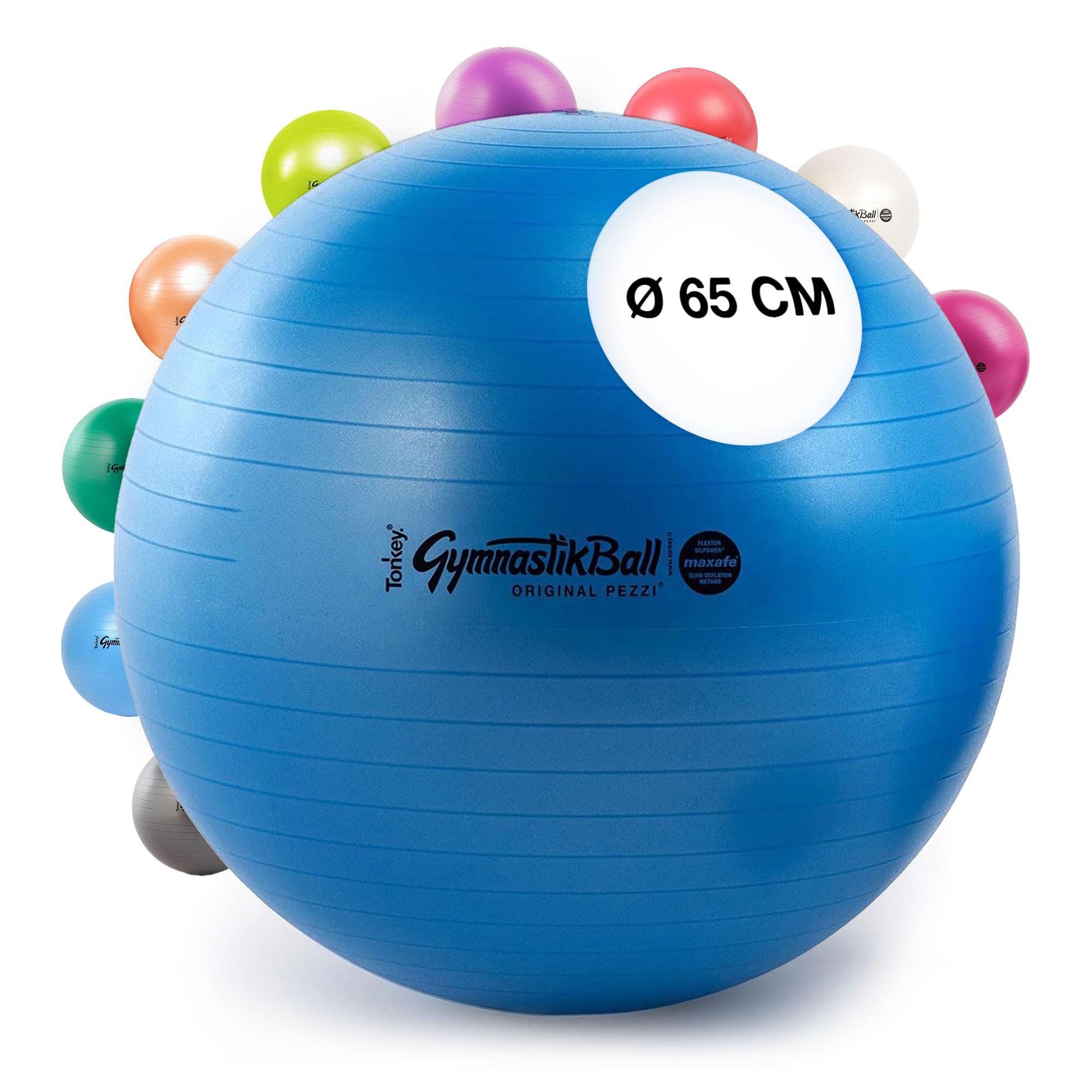 PEZZI - Gymnastikball Pezziball MAXAFE 65cm Ø – Sitzball für Therapie, Sport & Büro - Trainingsball aus Flexton Silpower® latexfrei, widerstandsfähig & elastisch – Blau