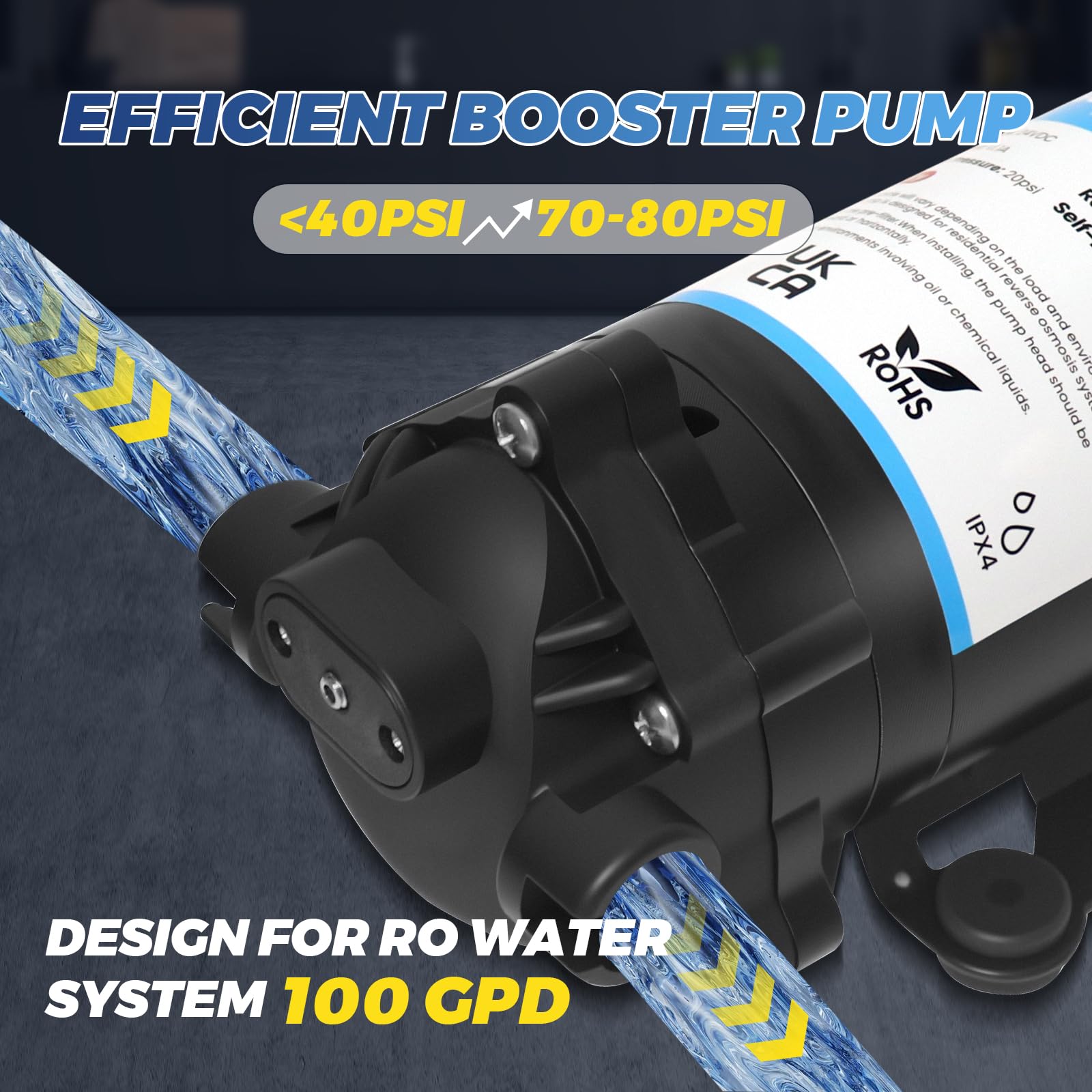 Kit de bomba de refuerzo RO para el hogar, bomba de refuerzo de ósmosis inversa RO para sistema de filtro de agua, filtro de agua de 100 GPD, incluye bomba, interruptor de presión, transformación