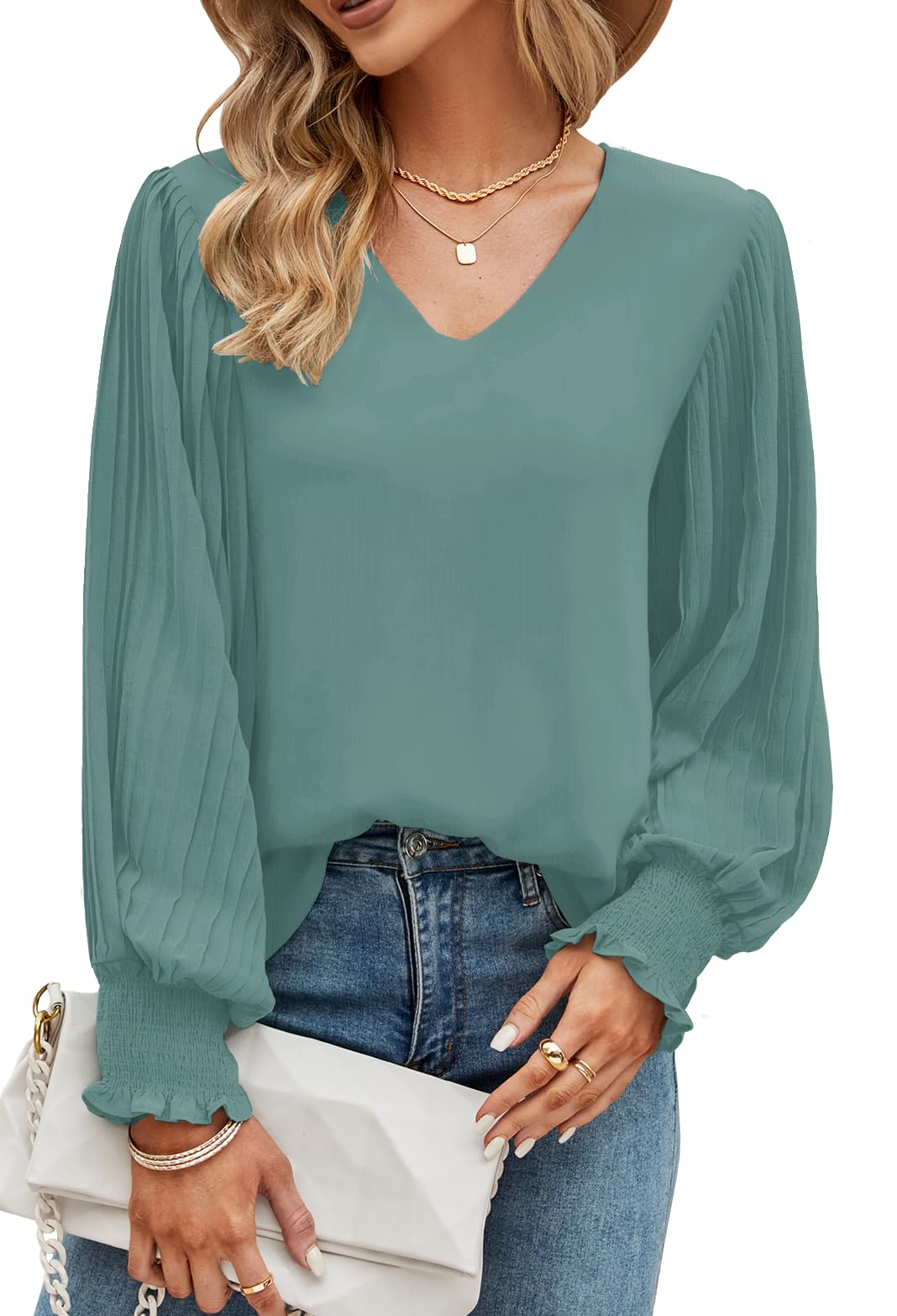 Odosalii Womens Tops Pleated Lantern Sleeve V-Neck Shirts Elegant Solid Color Loose Fit Casual Chiffon Blouse