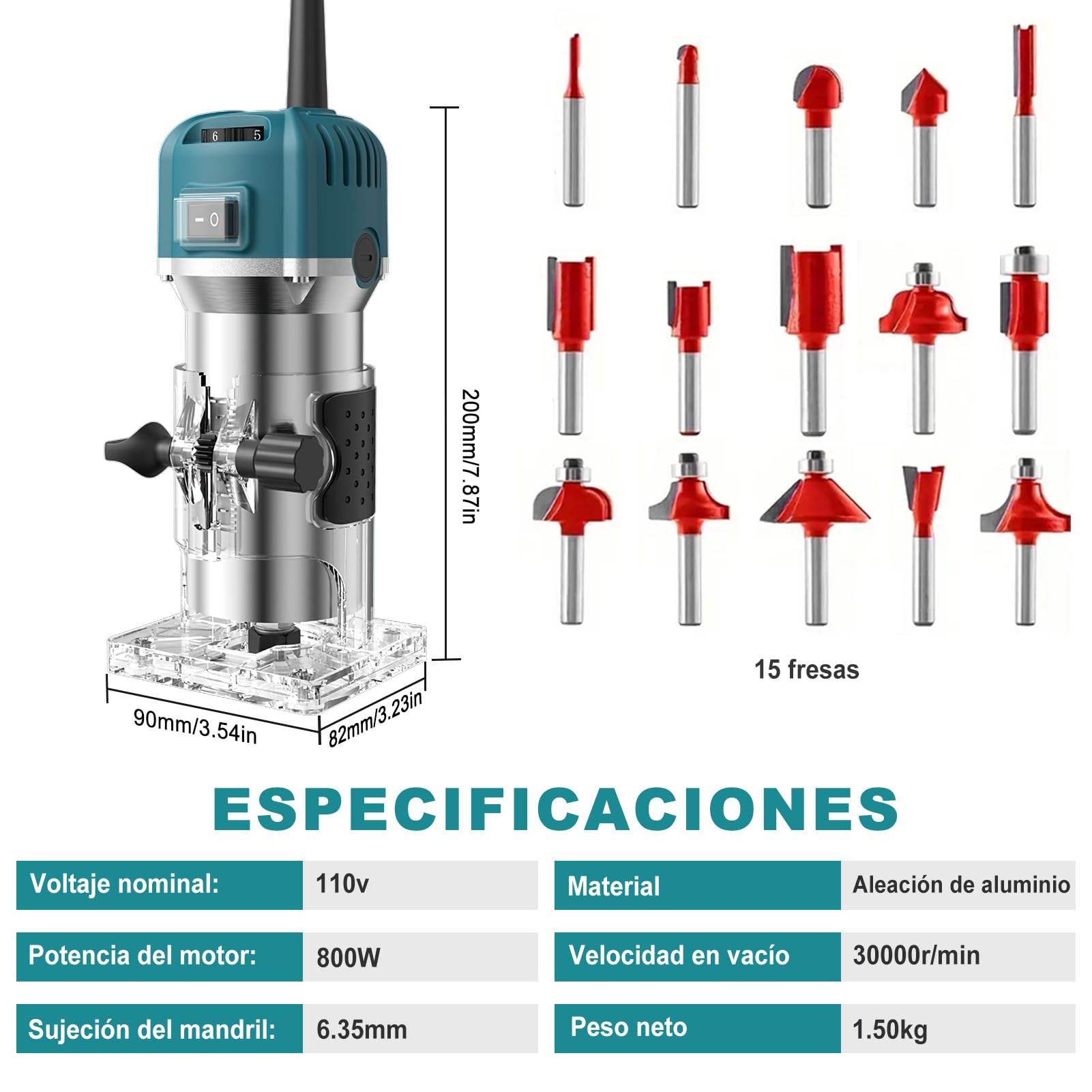 Fresadora Para Madera Compacta, 6,35 Mm Fresadora De Cantos De Mano Portátil, 800W 28000Rpm Fresadoras Eléctrica Para Madera Enrutador De Palma Eléctrico Con 15 Fresas