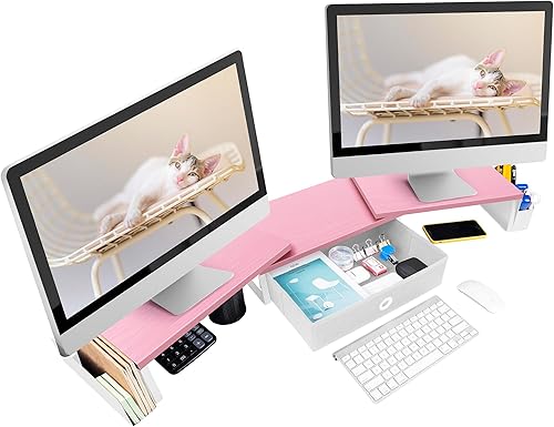 Miniatura 7 de Soporte elevador de monitor doble con cajón y pata de metal, estante de escritorio grande para 2 monitores con longitud y ángulo ajustables,