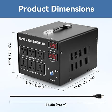 5000W Voltage Transformer Step Up/Down, 110V/220V Voltage Converter, Manual Rewiring Switch, Dual LCD Display, 6 Outlets, Resettable Circuit Breaker Protection for Home Industrial Overseas Use