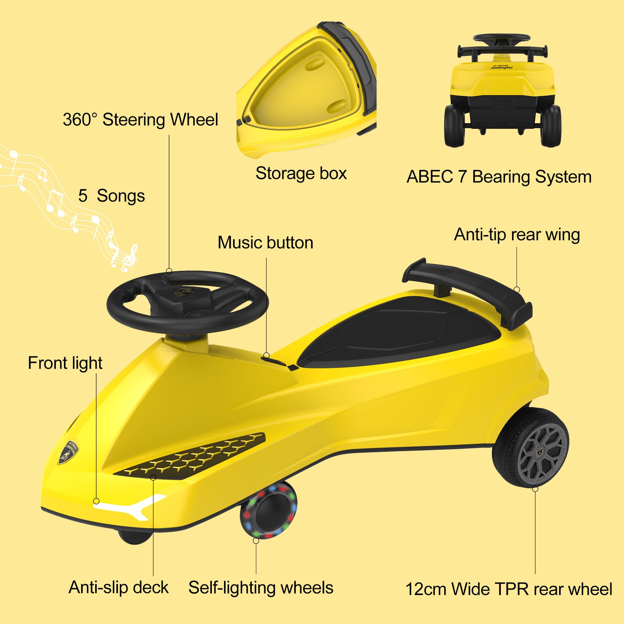 Samochód ślizgowy dla dzieci od 3 lat, TwistCar Wiggle Car Wiggle Car samochód z kółkami, muzyka i miejsce do przechowywania, bez BPA, 2-osobowy do 100 kg