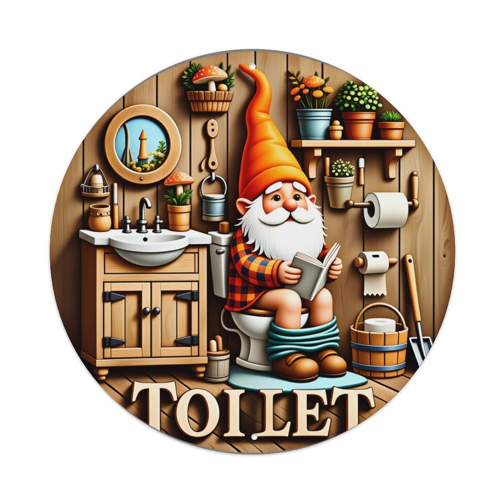 Gnome Reading Toilet Garden Tools Metal Tin Sign Vintage Garden Bedroom Cafe Bar Man Cave Home Wall Decor Metal Poster 8x8 inches