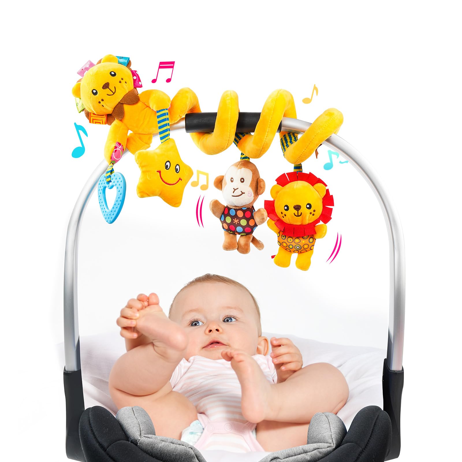 Cochecito de cuna para asiento de automóvil, juguetes para bebé de 0-3-6-9-12 meses, juguetes sensoriales colgantes para recién nacido con caja de música y mordedor, juguete de asiento de 9