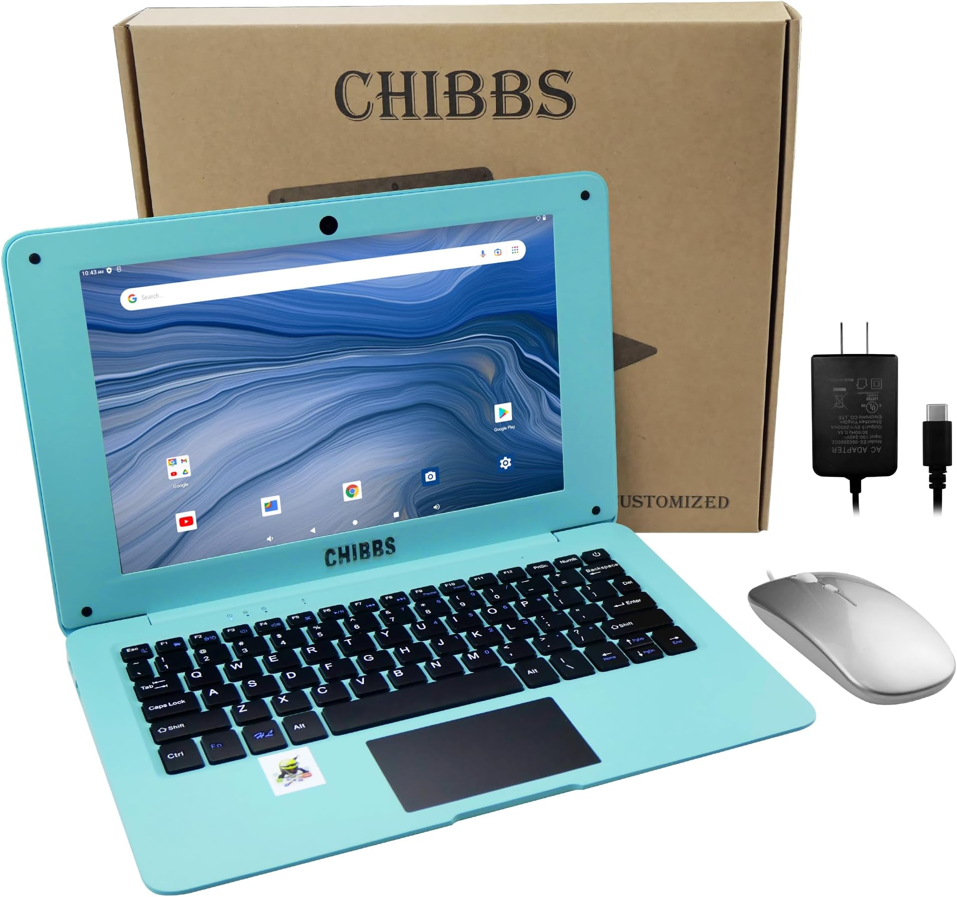 CHIBBS Laptop Computer- 10.1" Inch Kids Laptop Computer Powered by Android 12.0 -Quad Core Processor- 2+64gb ROM-Camera- Bluetooth- 2*USB- WiFi- Blue