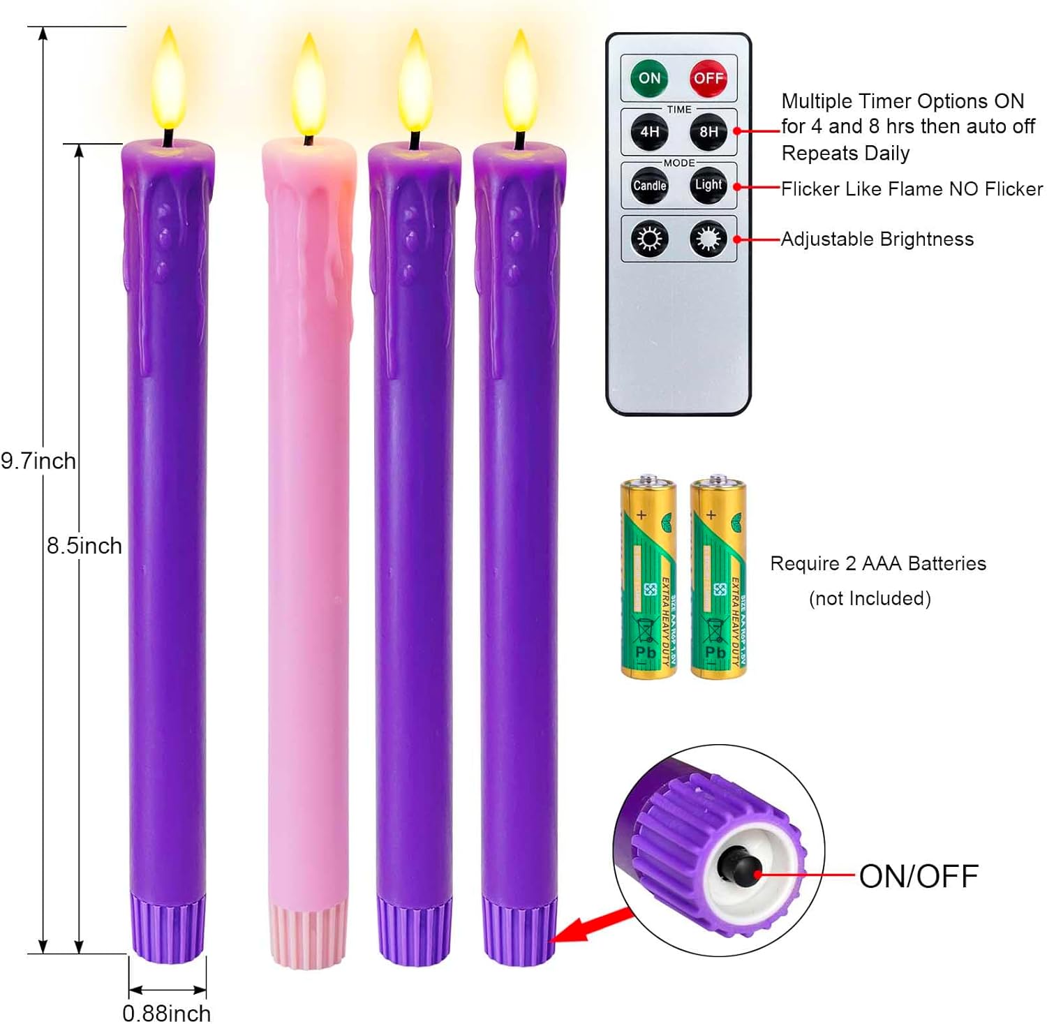 Set of 4 LED Christmas Candle Lights, Battery Operated Taper Candles for Advent Wreath, 3 Purple 1 Rose Flickering Wax Flameless Candles for Holiday School Church Celebration