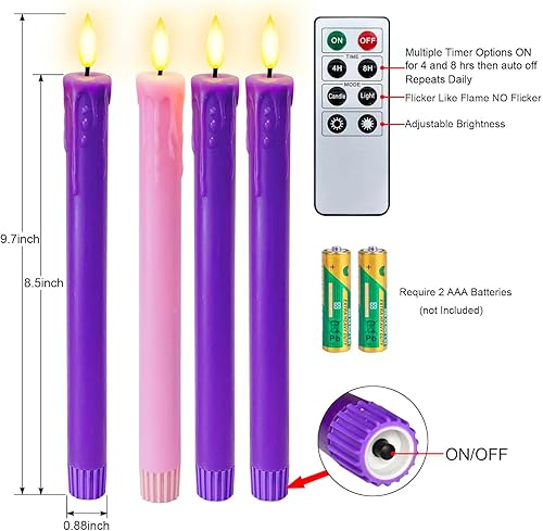 Miniatura 3 de Juego de 4 velas LED de Navidad, velas cónicas que funcionan con pilas para corona de Adviento, 3 velas sin llama de cera parpadeante moradas con 1