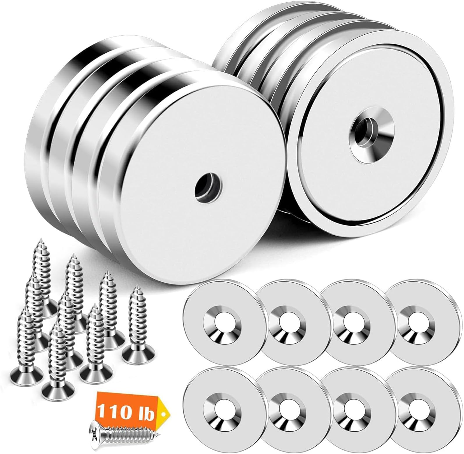 DIYMAG Strong Neodymium Magnets,8 Pack 110LBS Silver Round Cup Rare Earth Magnet with Heavy Duty Countersunk Hole and Stainless Screws,Magnetic Base for Refrigerator,Office,Tool Holders,Wall Mounting
