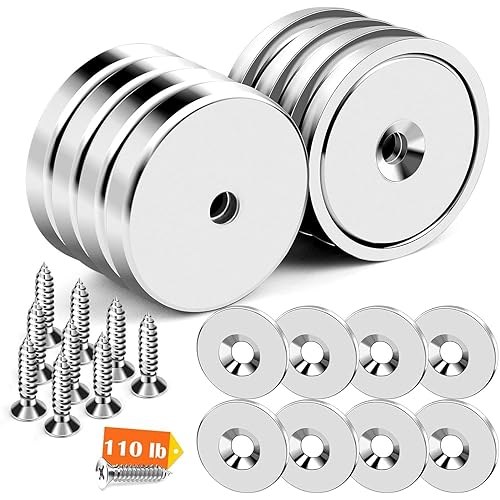 DIYMAG 8 Pcs Neodymium Round Base Cup Magnet,110LBS Strong Rare Earth Magnets with Heavy Duty Countersunk Hole,Stainless Screws,Iron Sheet for Refrigerator Magnetic,Office,Etc-Dia 1.26 Inch-Pack of 8