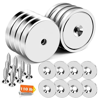 DIYMAG Strong Neodymium Magnets,8 Pack 110LBS Silver Round Cup Rare Earth Magnet with Heavy Duty Countersunk Hole and Stainless Screws,Magnetic Base for Refrigerator,Office,Tool Holders,Wall Mounting