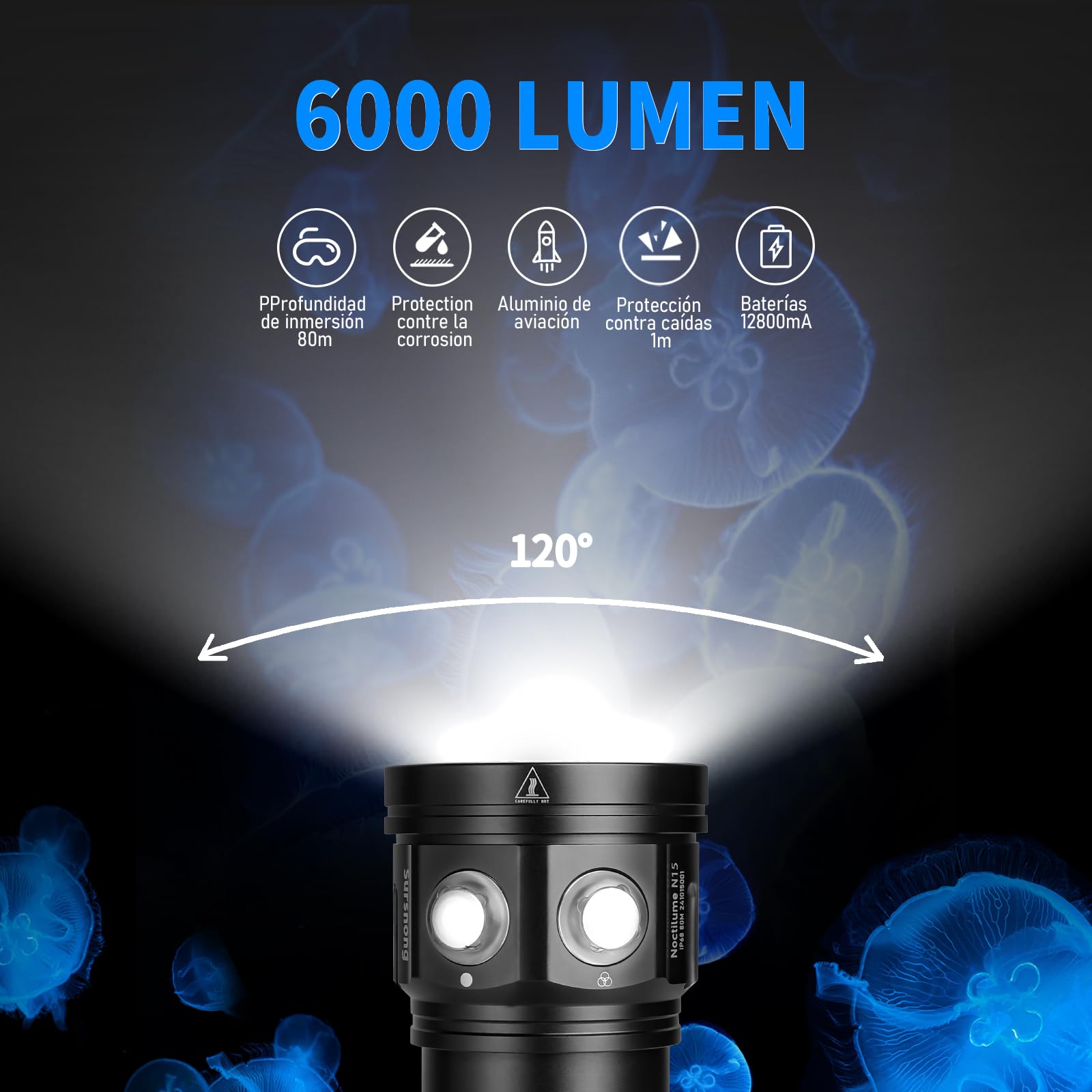 Noctilume N15 6000 Lumens Linterna Buceo Video CRI 90 6500K IP68 80m