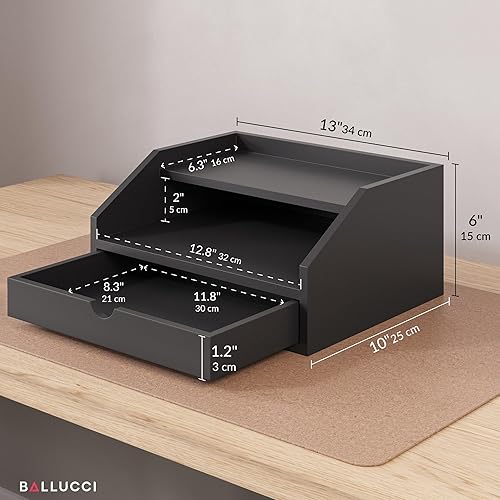 Miniatura 3 de Ballucci Organizador de escritorio con cajón, organizador de escritorio de papel de 2 niveles, 13 25 x 9 35 x 6 pulgadas, negro
