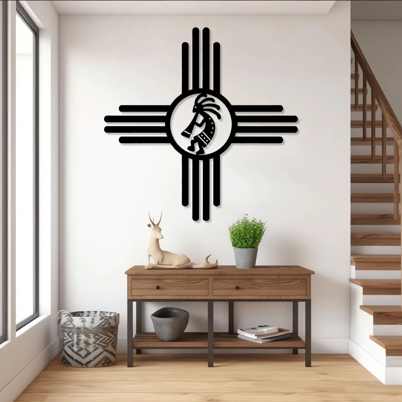Decoración de pared abstracta contemporánea de metal con el símbolo del Sol ZIA y Kokopelli, arte, decoración, colgante, símbolo de Nuevo México, interior, exterior, jardín, patio (70x70 cm, negr