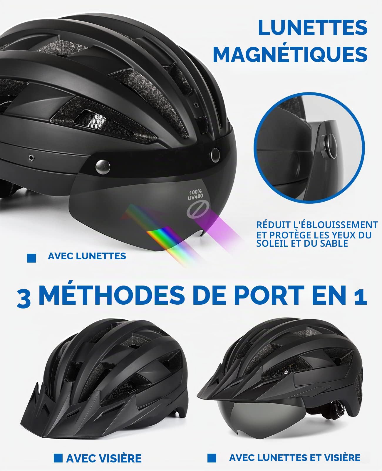 Casque Velo Homme Femme avec Visiere et Lunettes Détachables, Casque Vélo Casques VTT avec Feu Arrière à LED Rechargeable, Casque Cyclisme pour Adulte et Adolescent (L: 57-61 cm, Noir)