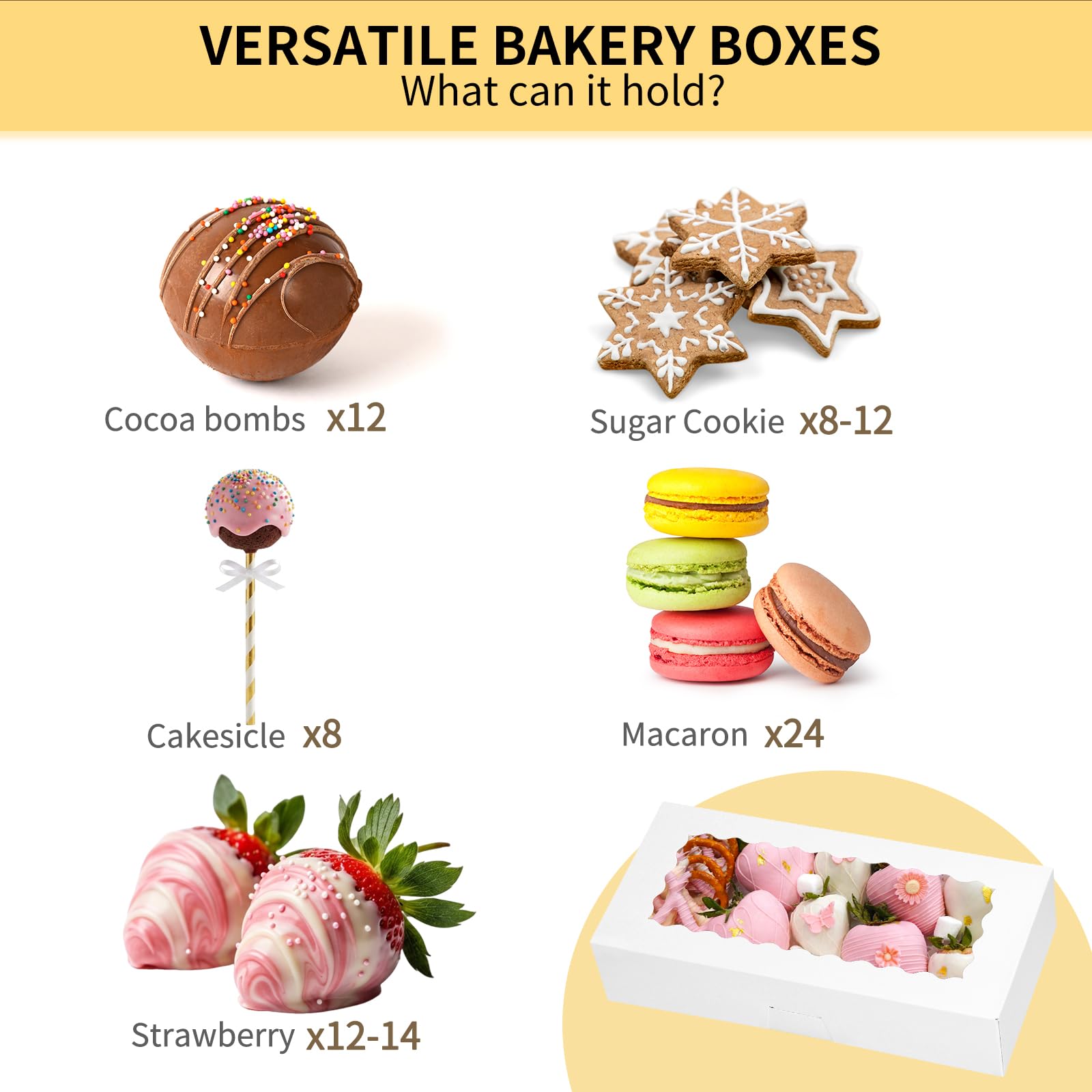 Moretoes Paquete de 30 cajas de galletas con ventana para pasteles, 30 x 14 x 6 cm, para chocolate, fresas, donas, pasteles, magdalenas y pasteles