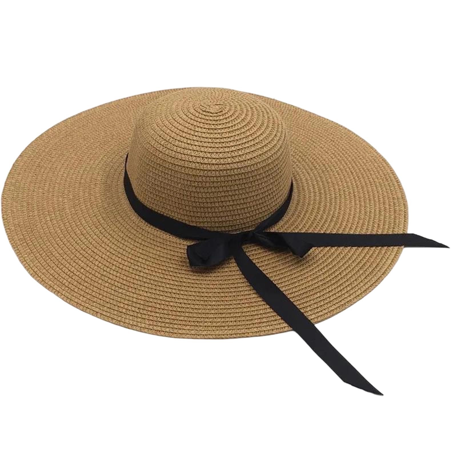 EYRMQWJPC Wide Brim Sun Hat, Women's Straw Sun Hat Wide Brim 11-14cm Protection Multicolor Beach Travel Summer(Ribbon Khaki,Brim 14cm)