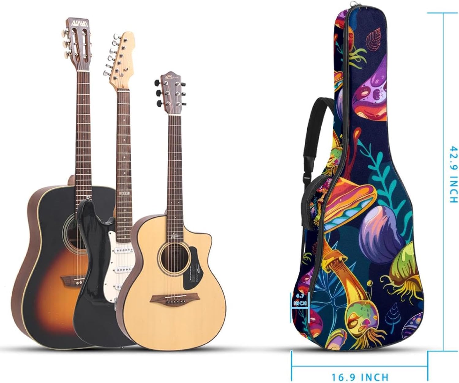 Acoustic Guitar Gig Bag 1 cm Thick Padding, Waterproof Electric Guitar Bag 40-42 Inch Guitar Case Backpack with Dual Shoulder Strap, Mushrooms Bright Psychedelic Colors