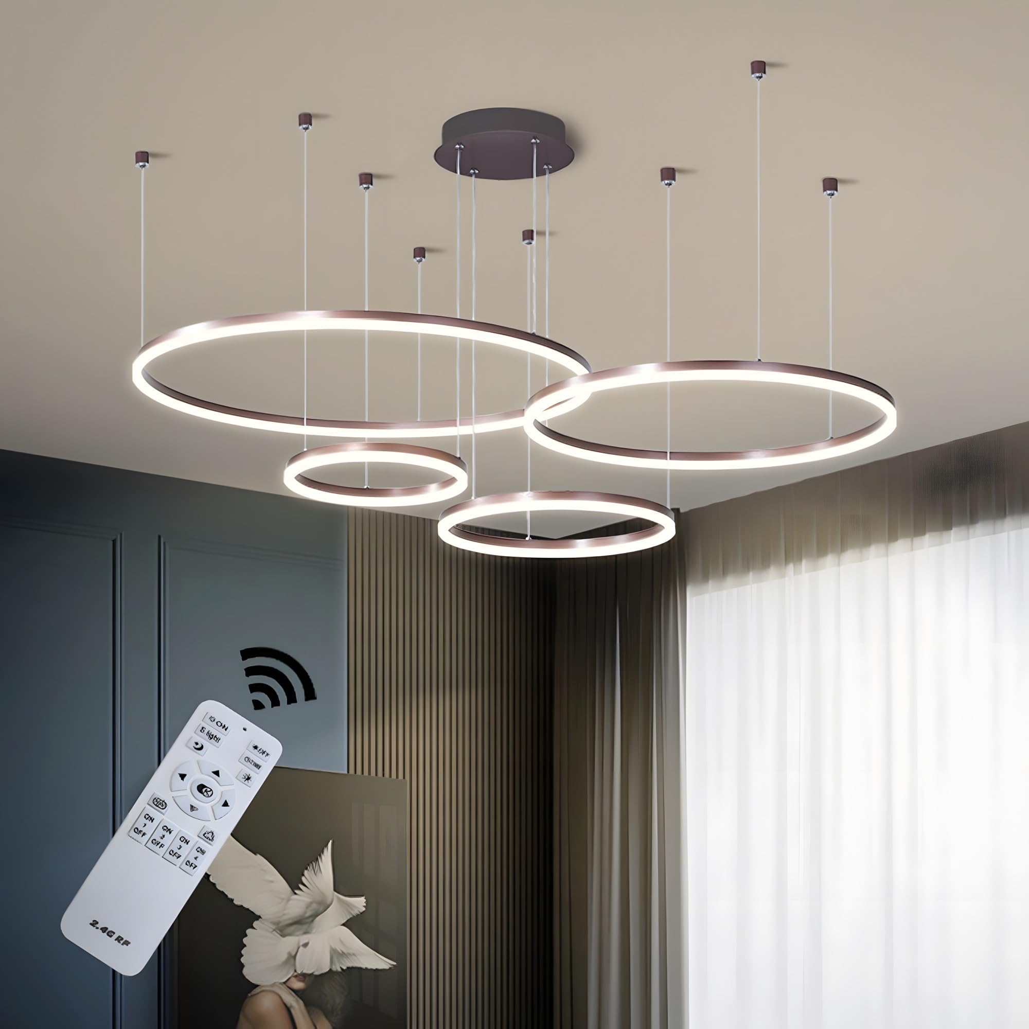 BEHWU LED Chandelier, Modern Circular LED Pendant Light with Remote Control, Dimmable Ring Pendant Lights for Kitchen Island, Living Room, Dining Room (Color : Brown, Size : 4 Ring 20+40+60+80cm)