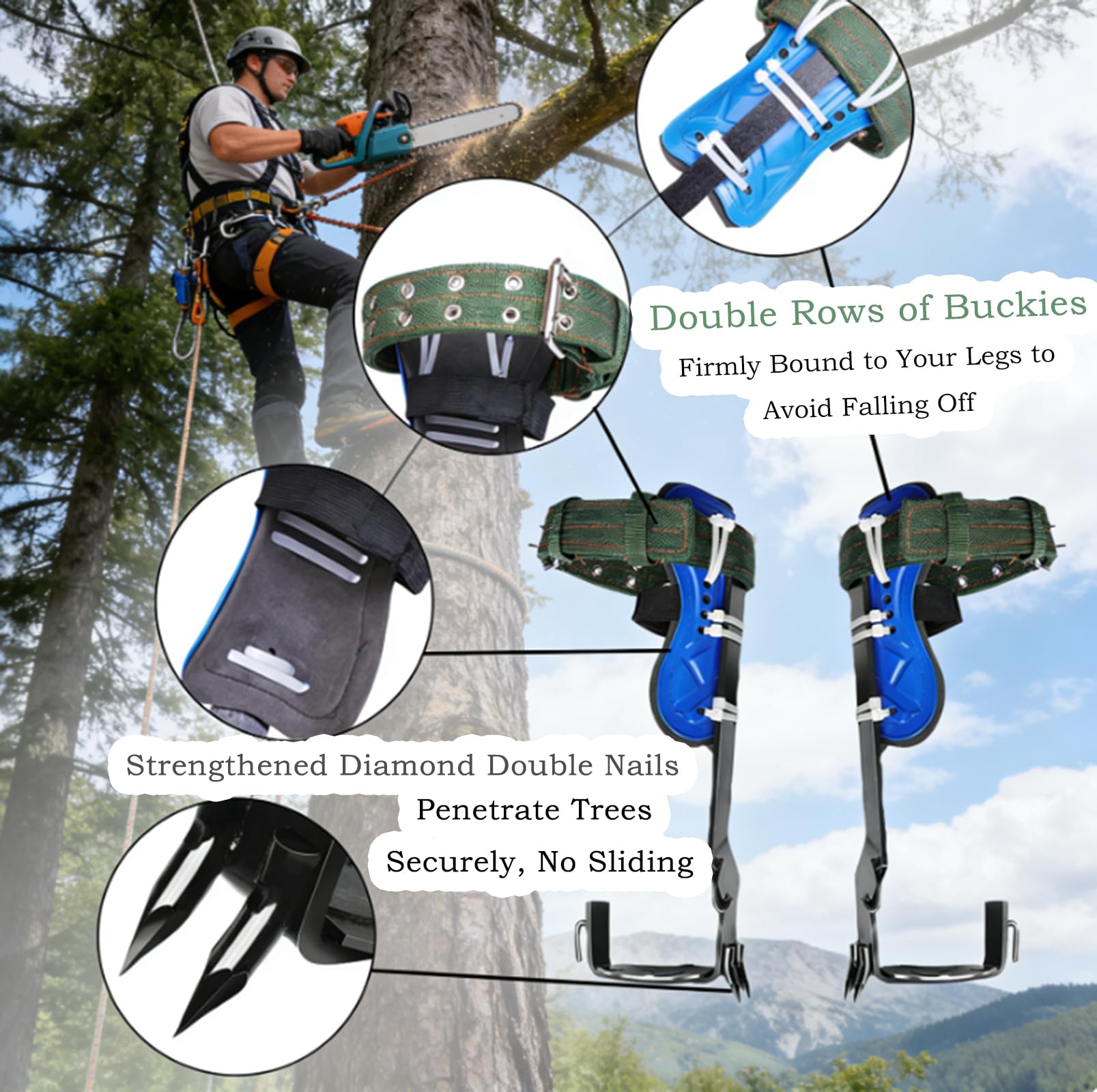 Kit Complet d’Escalade sur Arbre, Griffes d’Élagage à Double Dents Trempées, Baudrier d’Élagage Ajustable + Corde de Sécurité 3M, Crampons d’Arboriculture pour Élagage