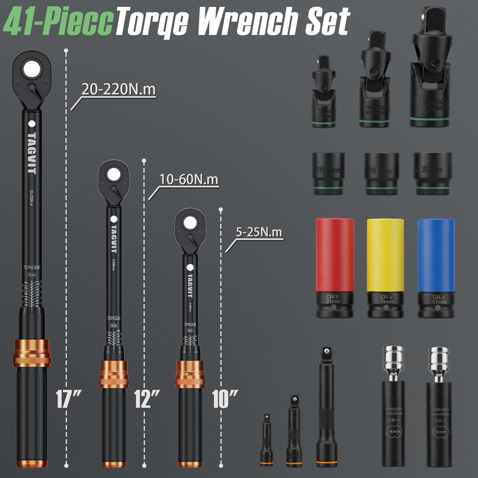 Set di Chiavi Dinamometriche 1/4" 3/8" 1/2" - Kit Completo 41 Pezzi con Bussole e Prolunghe | Acciaio CR-V, Cricchetto 72 Denti, Scala Doppia Alta Precisione per Auto, Bicicletta e Moto