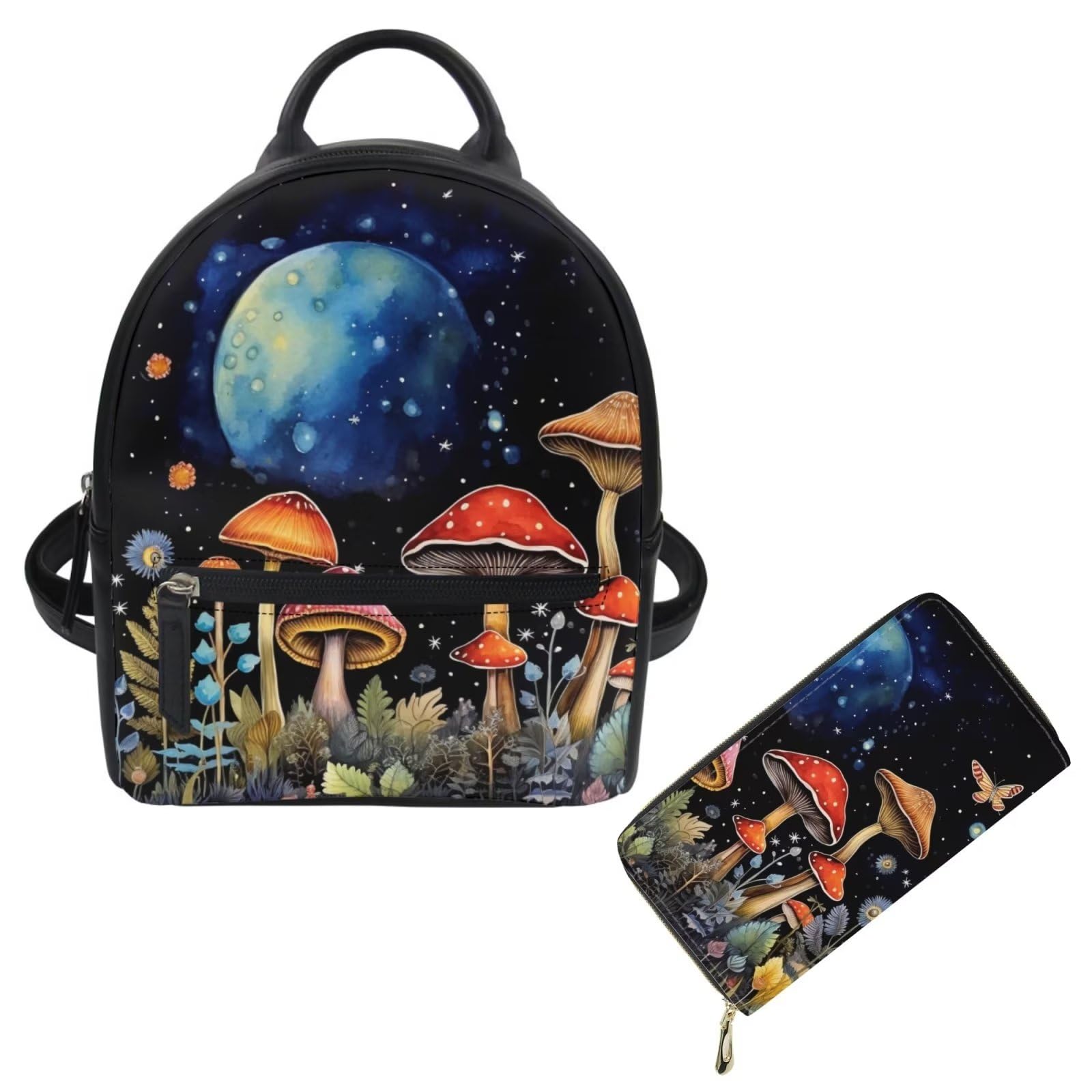 Showudesigns Mushroom Mini Backpack Purse for Women Leather Shoulder Bags Moon Small Backpacks Handbag Tote Bag Teen Girls Backpack Purse and Wallet