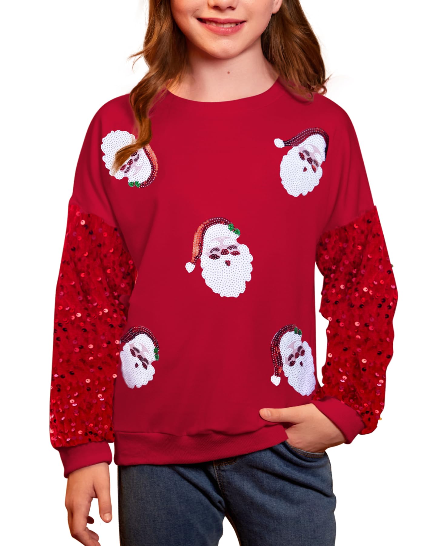 Girls Christmas Sequin Patchwork Sweatshirt Holiday Funny Shirt 6-14 Years