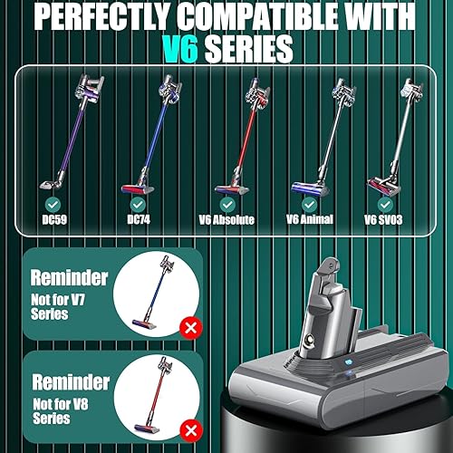 Miniatura 2 de EGR Repuesto de batería premium de 6200 mAh V6 compatible con Dyson V6 Animal V6 Absolute V6 Motorhead V6 Fluffy SV03 SV04 SV05 SV06 SV07 SV09 DC58
