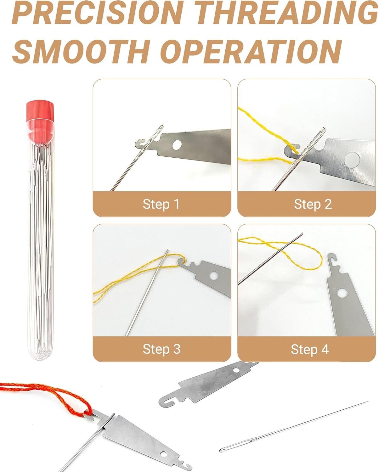 38PCS Big Eye Steel Sewing Needles Kit, Stainless Steel Needles with Seam Ripper Needle Threaders Thimbles 6 Spools Thread and Satin Storage Bag for Hand Sewing - Image 3