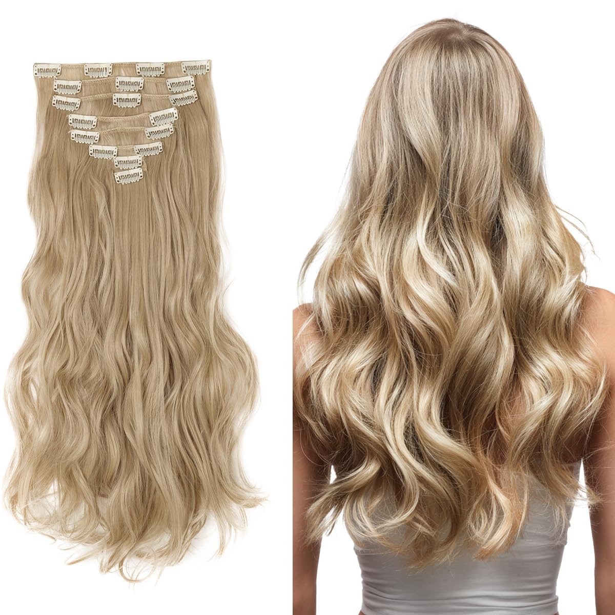 SEGO Pro Clip in Hair Extensions 8 Pcs 18 Clips Full Head Synthetic Fiber Hair Pieces for Women Curly 17 Inch (Ash Blonde & Bleach Blonde)
