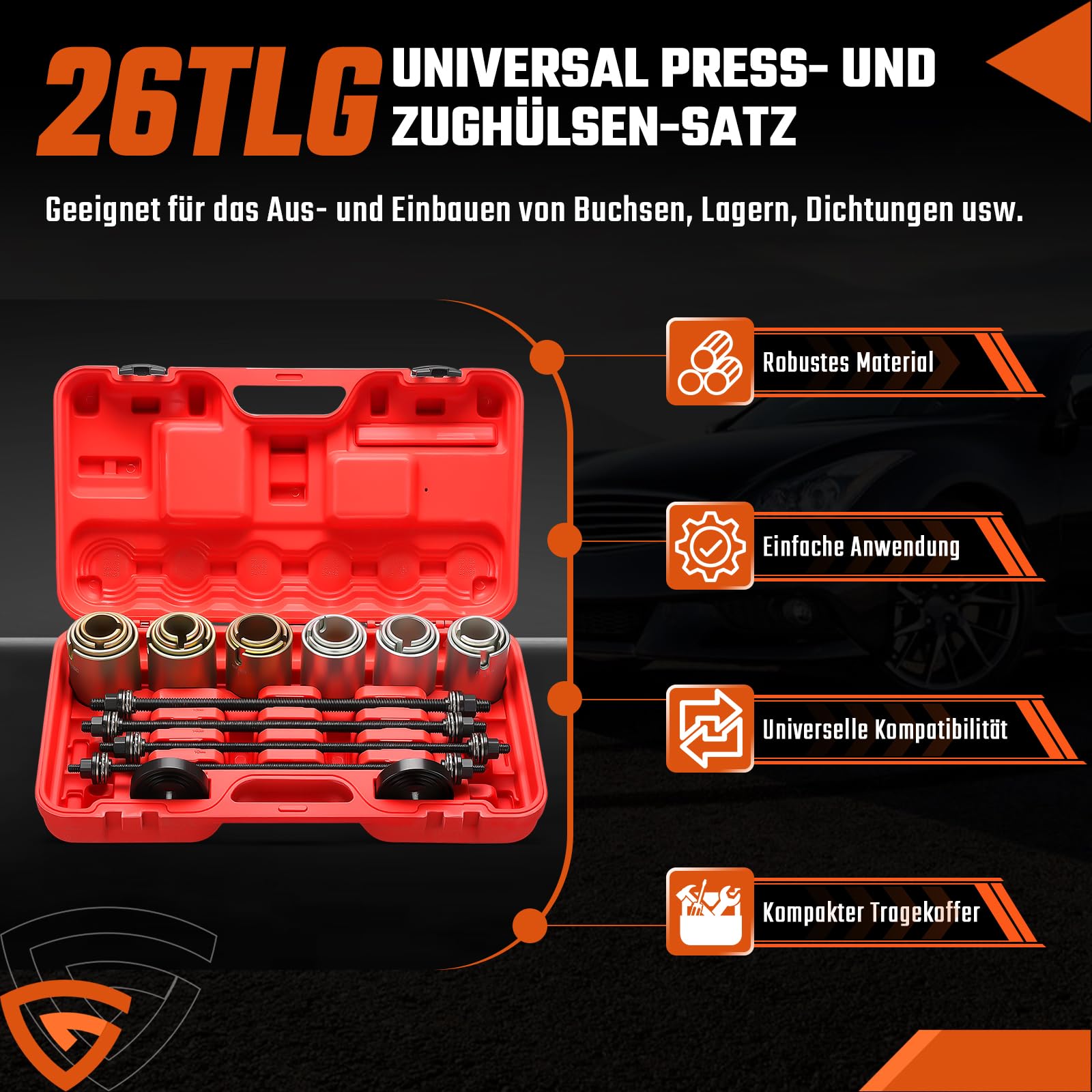 GEARMONSTER Set di 26 manicotti a pressione, cuscinetti in gomma, estrattori estrattori, cuscinetti in gomma silenziosi, 34 – 82 mm, sostituzione/rimozione dei cuscinetti delle ruote e delle boccole