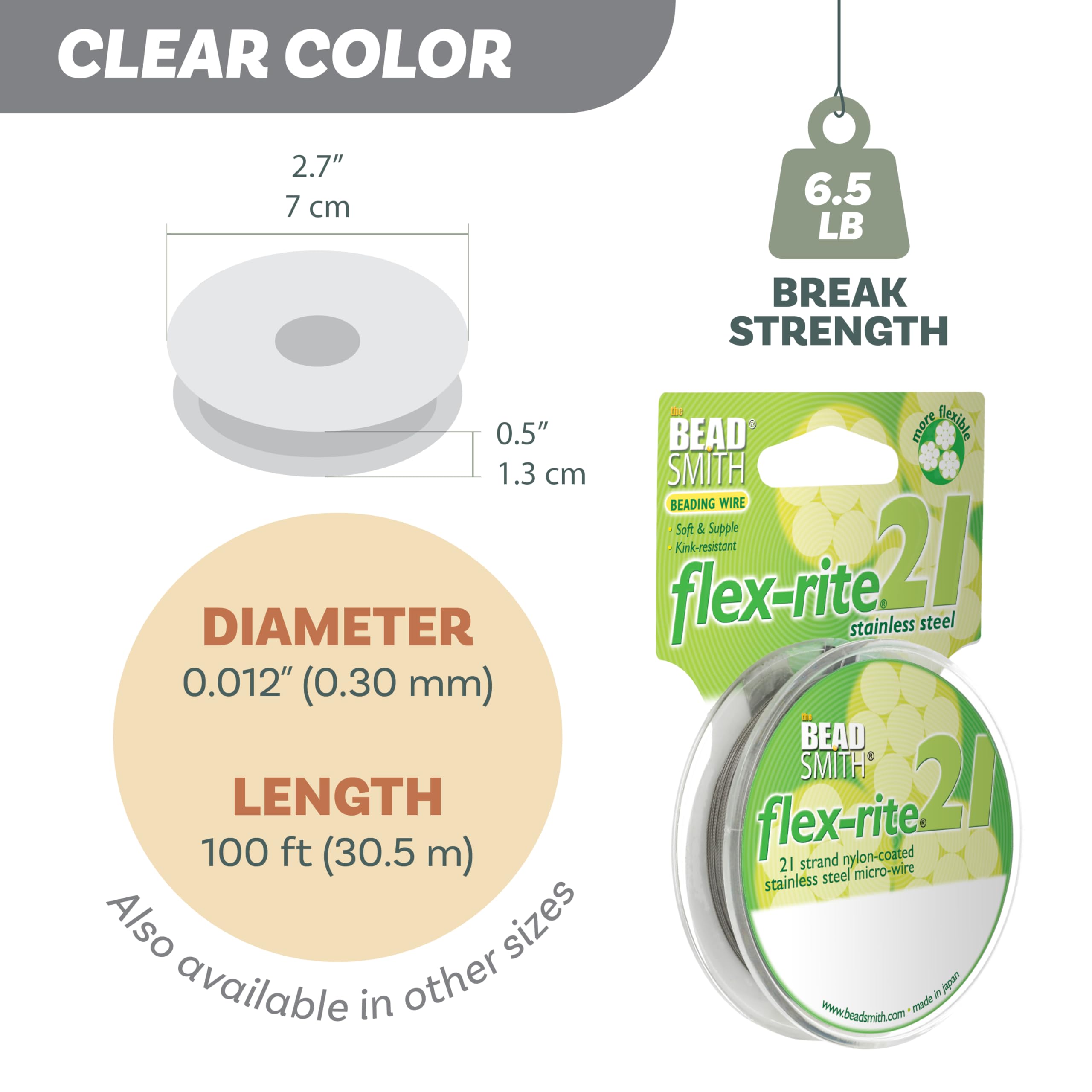 The Beadsmith Alambre para bisutería Flex-Rite - Alambre de acero inoxidable recubierto de nailon de 21 hebras, 0,012" (0,30 mm) de diámetro, transparente, carrete de 100 pies.
