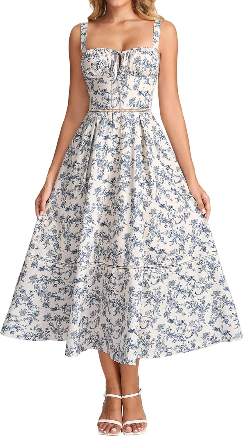 Colysmo Floral Corset Midi Dress for Women 2026 Lace Up Flowy A Line Summer Wedding Guest Dresses with Pockets