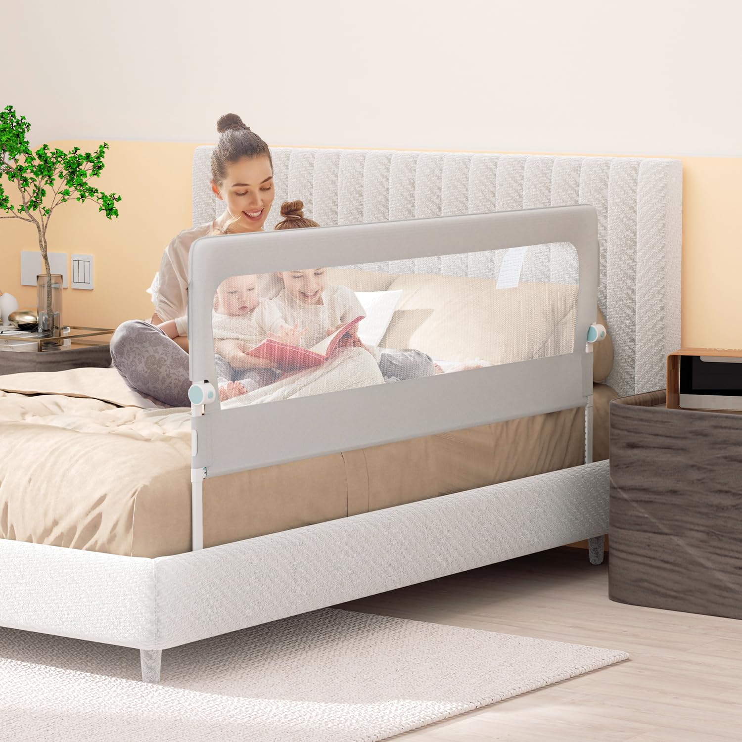 Eulenke Barrera de cama plegable de 2 x 200 cm y 1 x 150 cm, altura regulable de 72 a 86 cm, protección contra caídas para cuna, plegable a 180 grados, incluye correa adicional para fijación, color