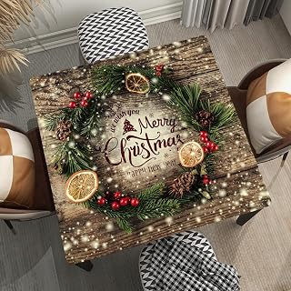 Square Table Cover with Elastic Edges, Christmas Fir Wreath Decorations Wood Texture, Fitted Polyester Cloth for Home Dining, Picnic, Banquet Decor, Suit for 36"x36" Square Table