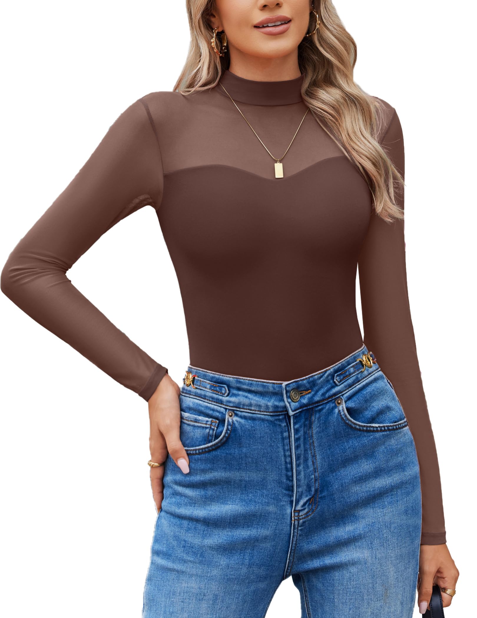 Avidlove Body sexy de malla transparente con cuello alto falso, manga larga, body fruncido, leotardo, Marrón, Large
